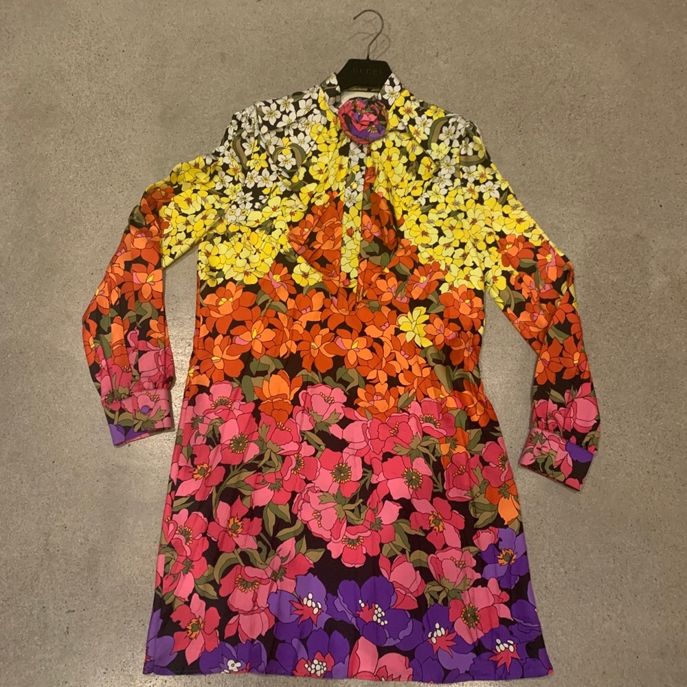 Gucci Silk Floral Dress with Floral Brooch Pin